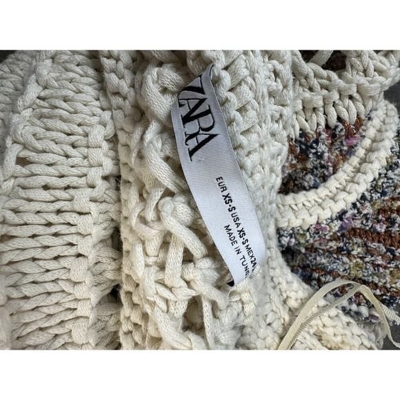 Zara XS-S Italian Yarn Cream & Brown Striped Crocheted Tunic Length Sweater - Picture 10 of 13